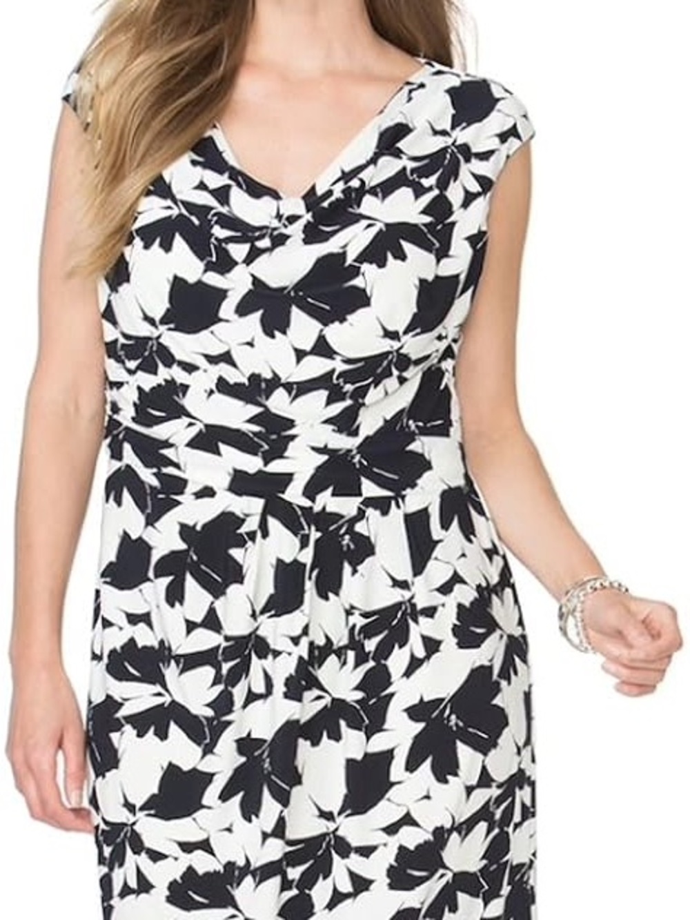 Chaps Black & White Floral Cowl-Neck Midi Dress